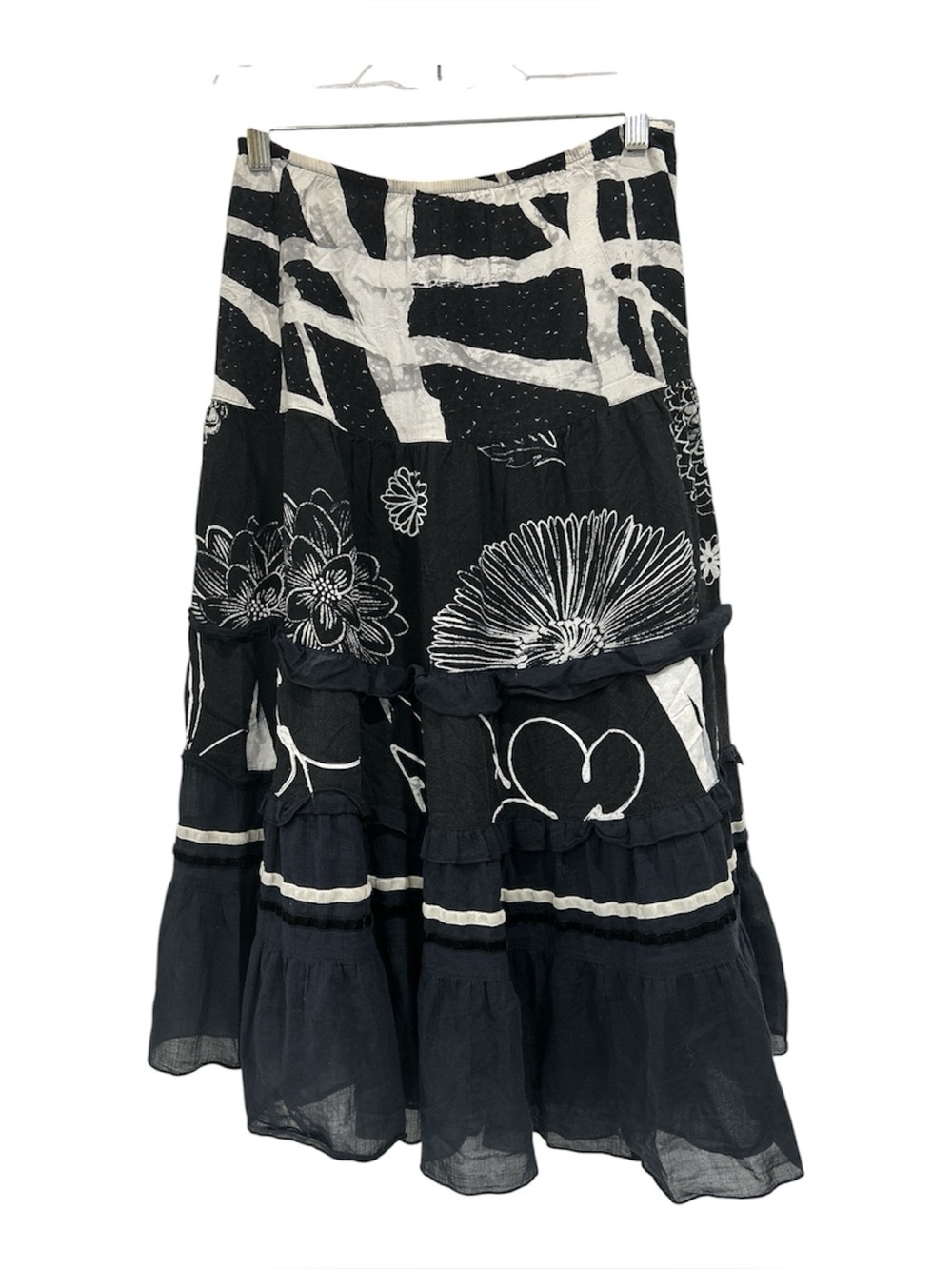 Vintage Jams World Made in Hawaii Black White Graphic Tiered Midi Skirt - XS